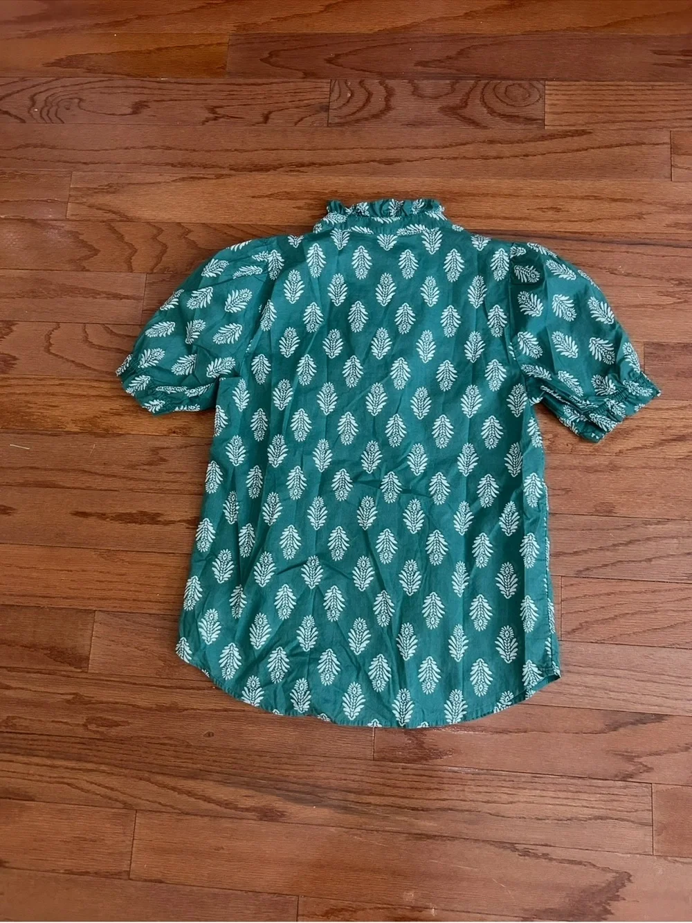 J.Crew Ruffle Neck Green Floral Print Blouse Women's XS Puff Sleeve Top